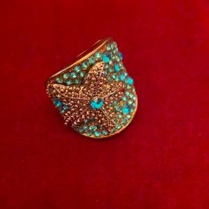 Vintage Teal Glass Rhinestone Cocktail ring 1970 circa Star fish